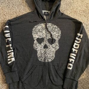 Victoria's Secret Love Pink Sz M Gray Studded Skull Hoodie Full Zip